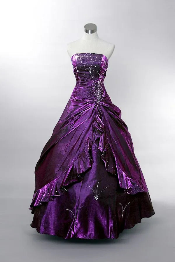 A-Line Strapless Ruched Beaded Floor Length Ball Gown