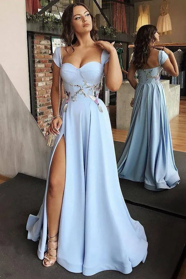 A-Line Sweetheart Neck Short Sleeve Maxi Prom Dress