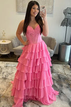 A-Line Sweetheart Neckline Applique Tiered Ruffle Ball Gown Evening Dress