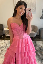 A-Line Sweetheart Neckline Applique Tiered Ruffle Ball Gown Evening Dress