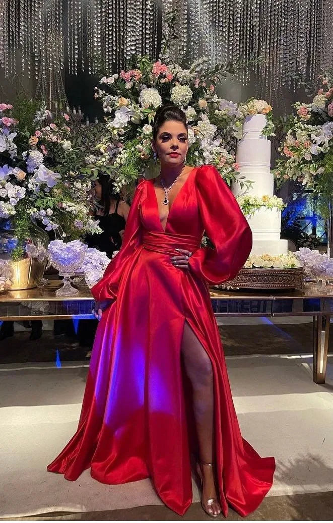A-Line V Neck Long Puff Sleeve Maxi Formal Dress