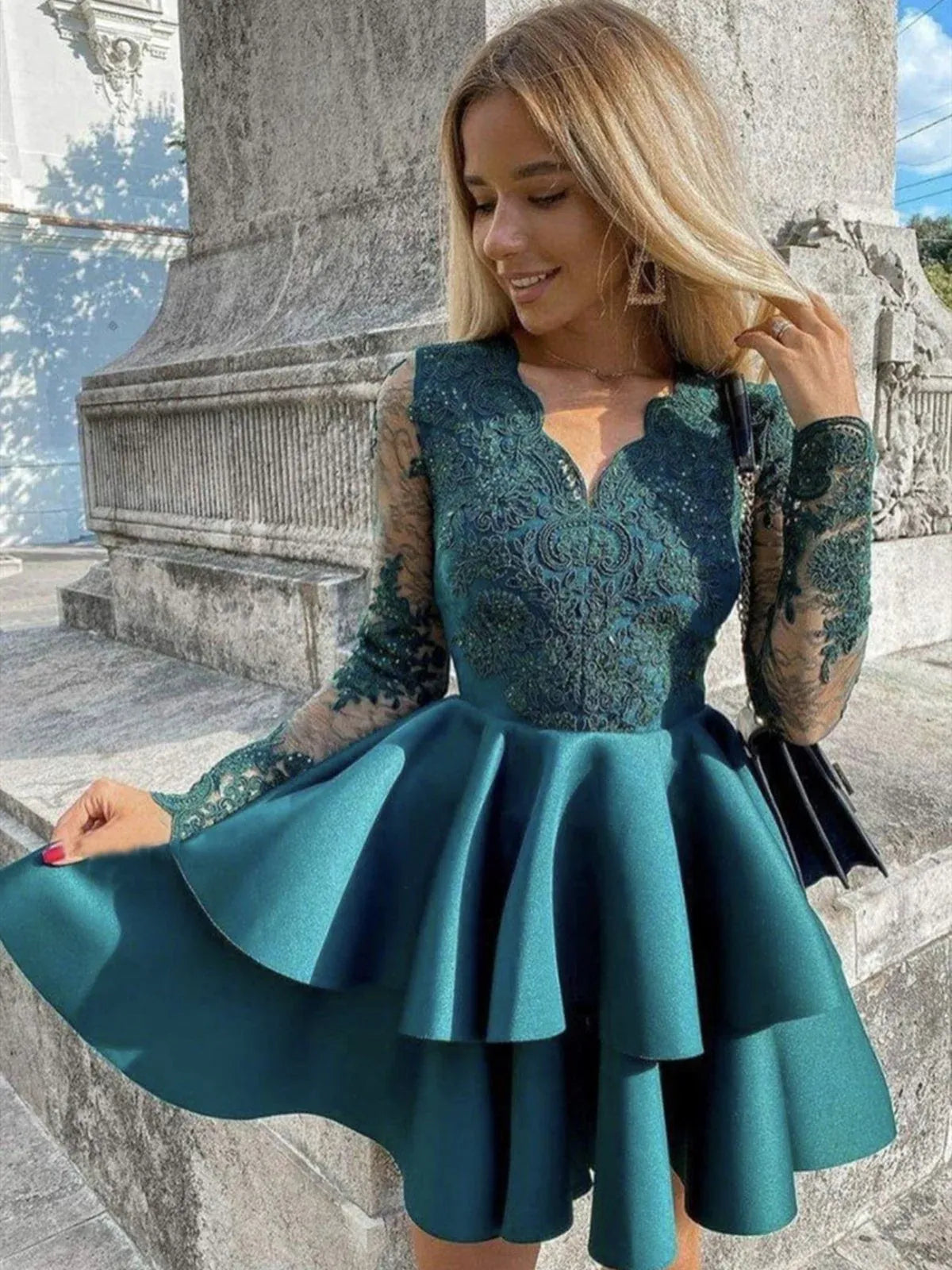 A-Line V Neck Long Sleeve Beaded Ruffle Mini Homecoming Dress