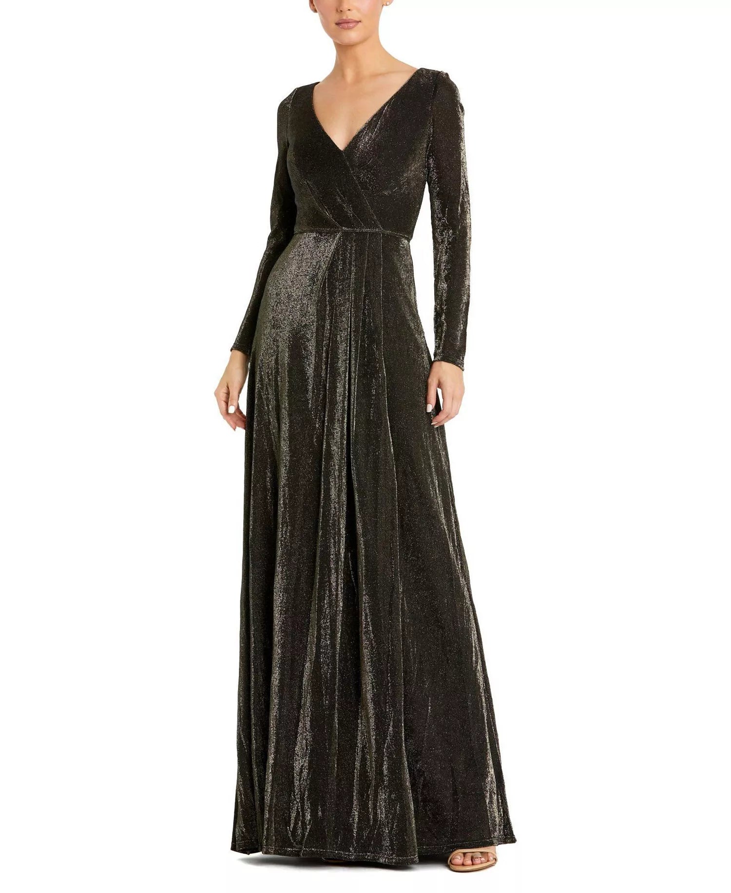 Glamorous A Line V Neck Long Sleeve Zipper Back Floor Length Prom Dress