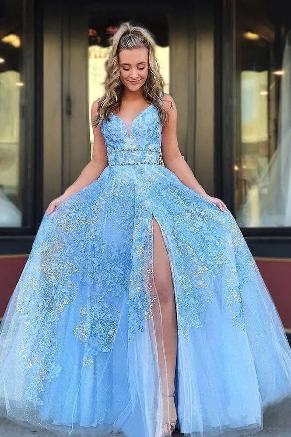 A-Line V Neck Sleeveless Maxi Prom Dress