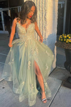 A-Line V Neck Sleeveless Maxi Prom Dress
