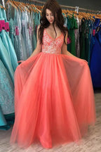 A-Line V Neck Sleeveless Maxi Prom Dress