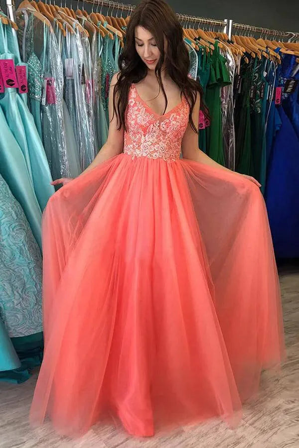 A-Line V Neck Sleeveless Maxi Prom Dress