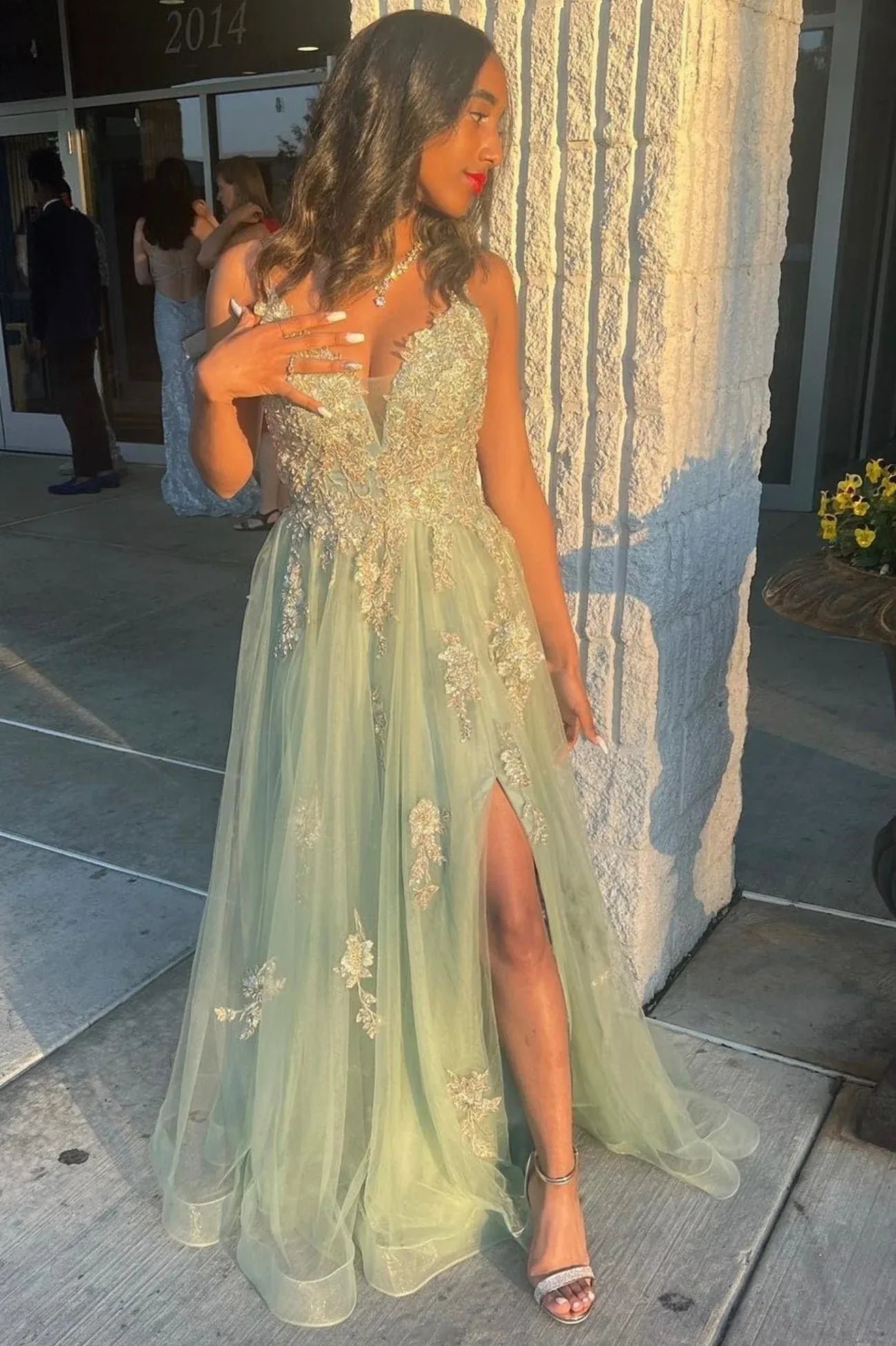 A-Line V Neck Sleeveless Maxi Prom Dress
