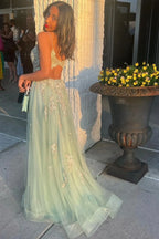 A-Line V Neck Sleeveless Maxi Prom Dress