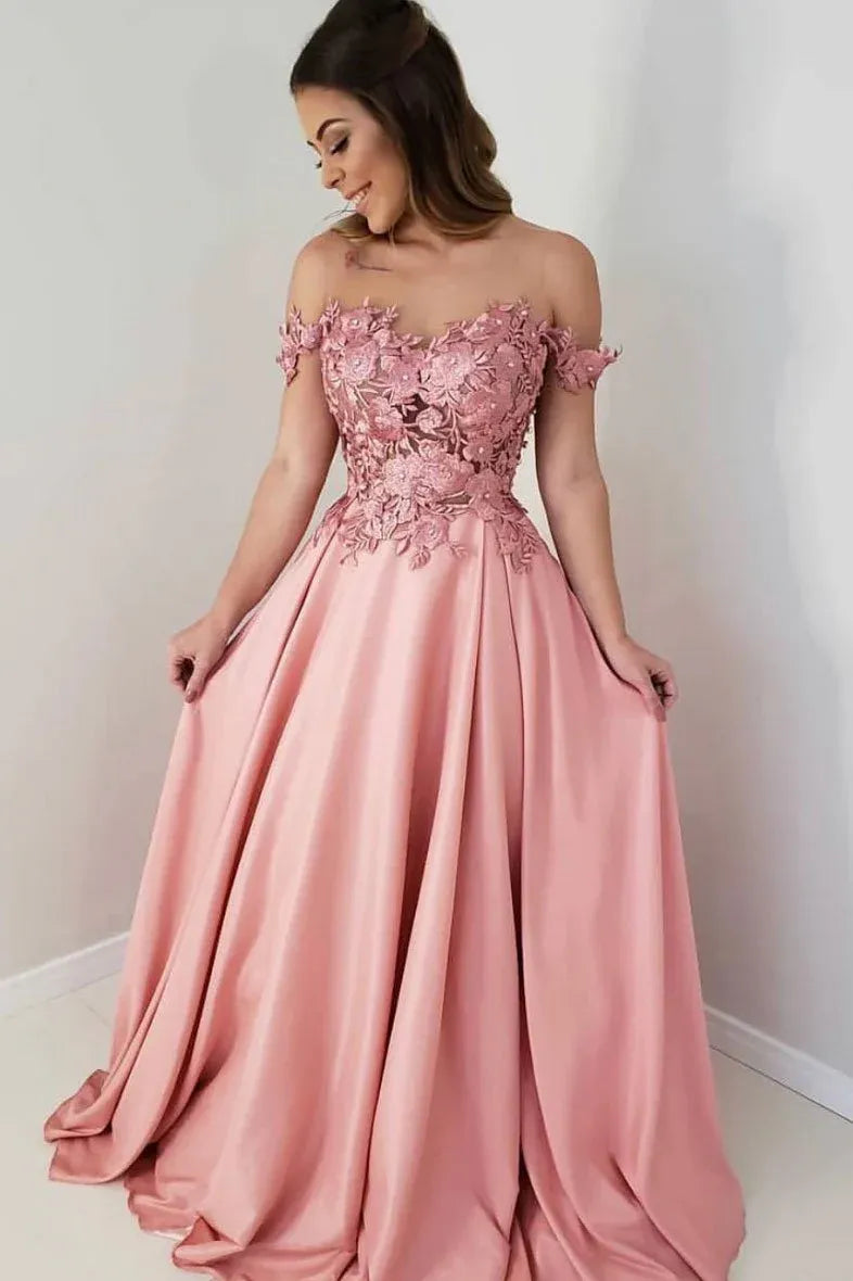 Ball Gown Off Shoulder 3D Floral Maxi Prom Dress