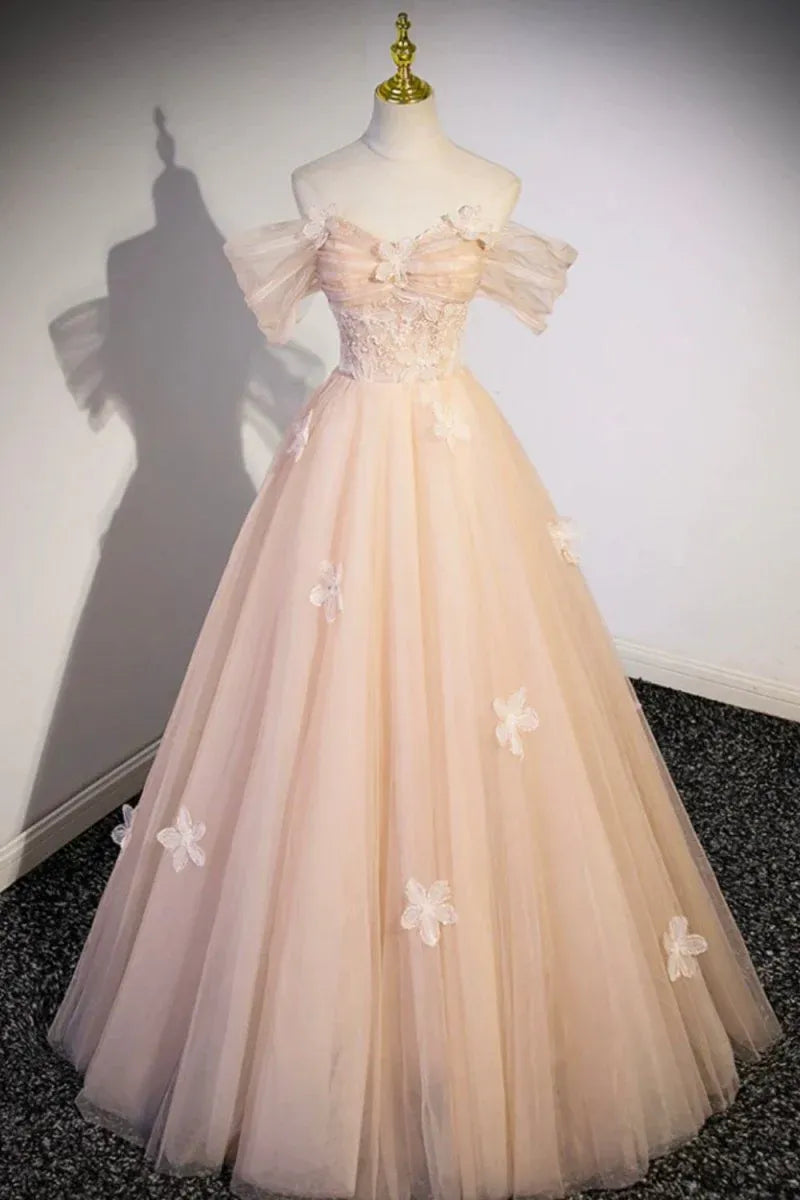 Ball Gown Off-The-Shoulder Puff Sleeve Lace-Up Corset 3D Floral Evening Dress