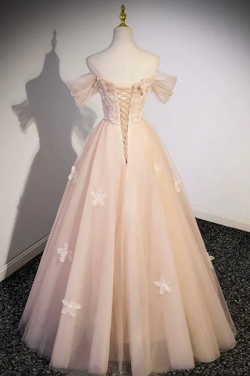 Ball Gown Off-The-Shoulder Puff Sleeve Lace-Up Corset 3D Floral Evening Dress