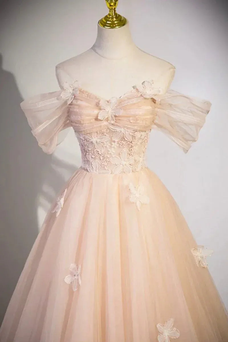 Ball Gown Off-The-Shoulder Puff Sleeve Lace-Up Corset 3D Floral Evening Dress