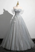 Ball Gown Off-The-Shoulder Puff Sleeve Lace-Up Corset Glitter Evening Dress With Train