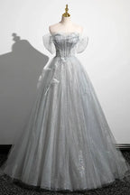 Ball Gown Off-The-Shoulder Puff Sleeve Lace-Up Corset Glitter Evening Dress With Train