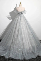 Ball Gown Off-The-Shoulder Puff Sleeve Lace-Up Corset Glitter Evening Dress With Train