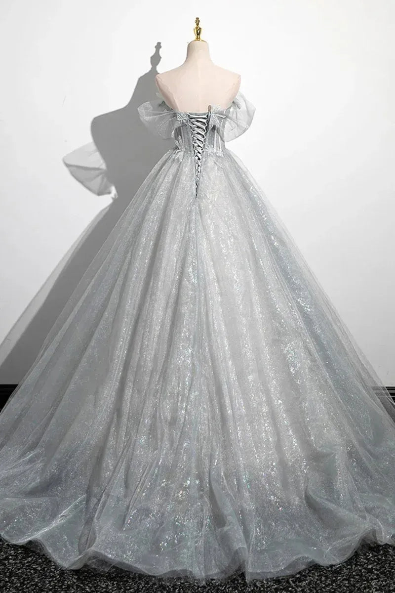Ball Gown Off-The-Shoulder Puff Sleeve Lace-Up Corset Glitter Evening Dress With Train