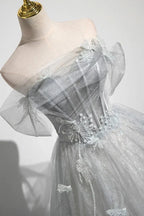 Ball Gown Off-The-Shoulder Puff Sleeve Lace-Up Corset Glitter Evening Dress With Train
