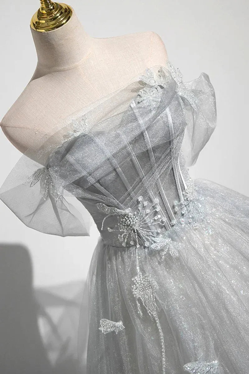 Ball Gown Off-The-Shoulder Puff Sleeve Lace-Up Corset Glitter Evening Dress With Train