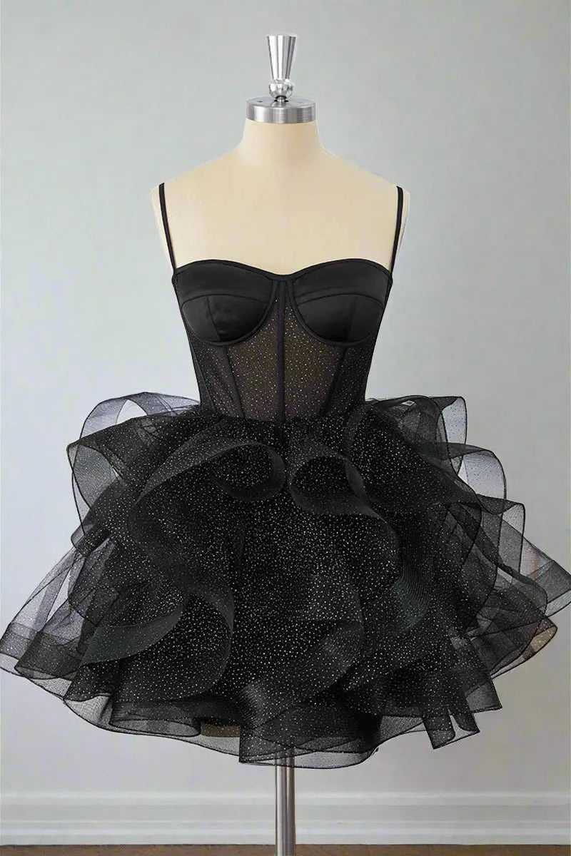 Ball Gown Sweetheart Spaghetti Strap Glitter Mini Party Dress