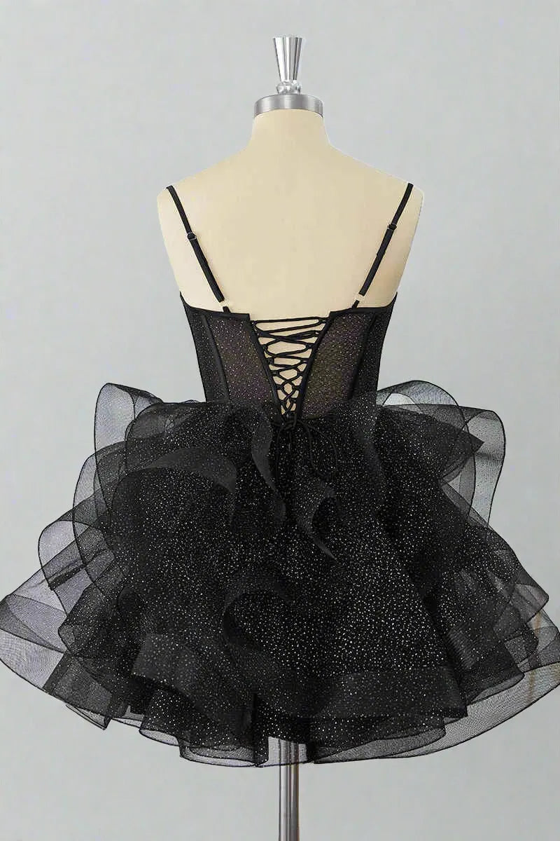 Ball Gown Sweetheart Spaghetti Strap Glitter Mini Party Dress