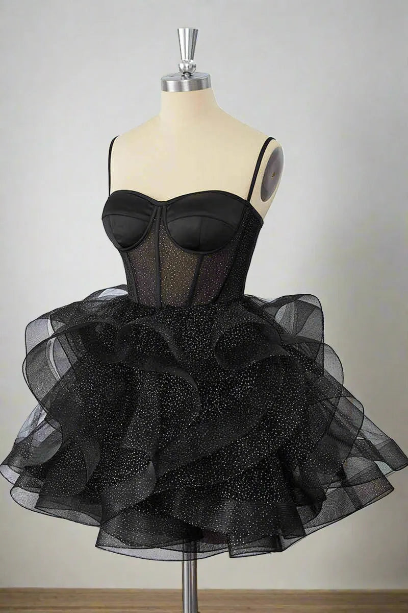 Ball Gown Sweetheart Spaghetti Strap Glitter Mini Party Dress