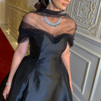 Ballgown Off-The-Shoulder Short Sleeve Sheer Evening Dress With Train