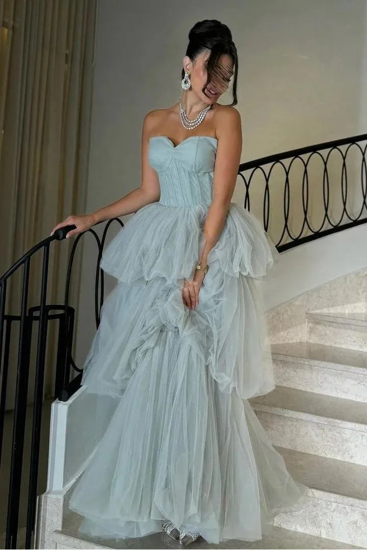 Ballgown Strapless Sleeveless Backless Tiered Maxi Prom Dress