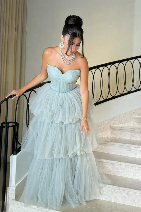 Ballgown Strapless Sleeveless Backless Tiered Maxi Prom Dress
