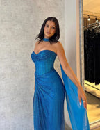 Fitted Mermaid Sweetheart Neck Sleeveless Halter Back Split Train Evening Dress