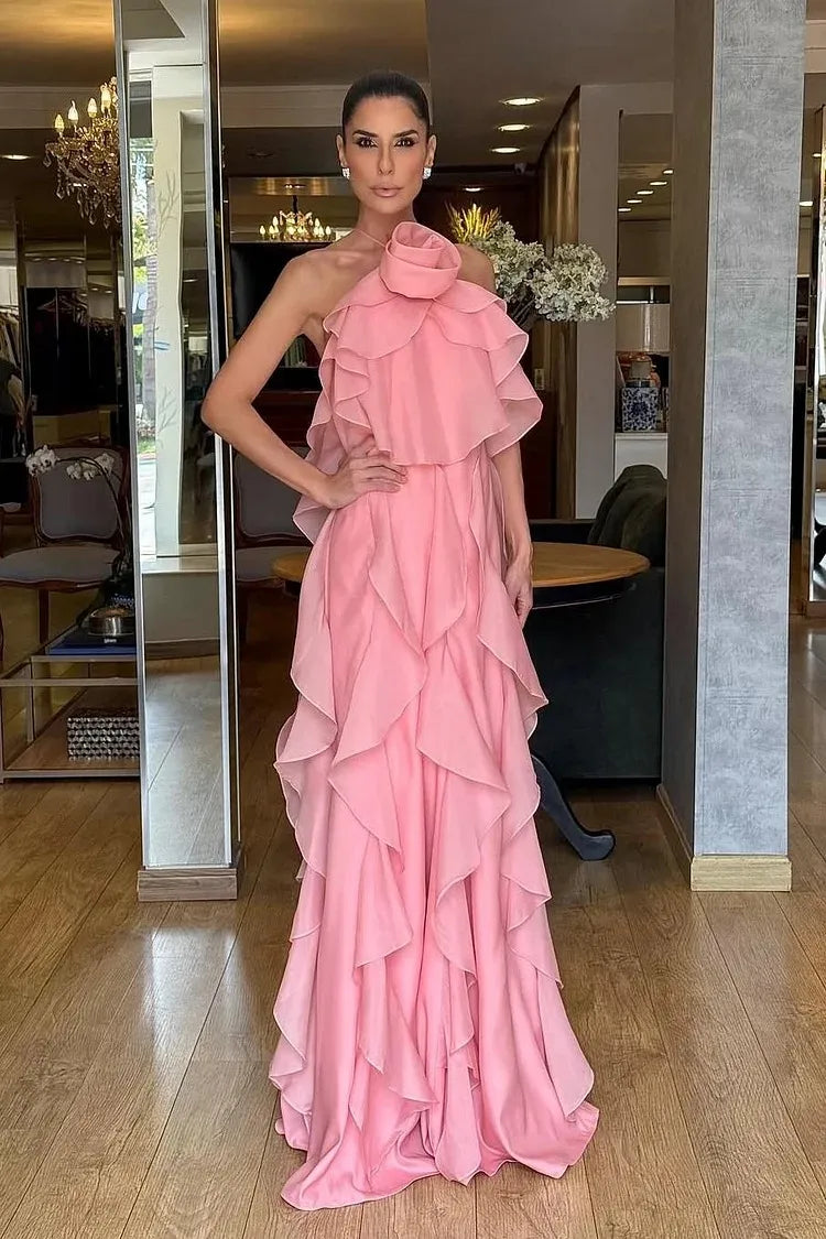 Flowy A-Line One Shoulder Sleeveless Open Back Ruffle Train Evening Dress