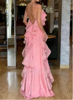 Flowy A-Line One Shoulder Sleeveless Open Back Ruffle Train Evening Dress
