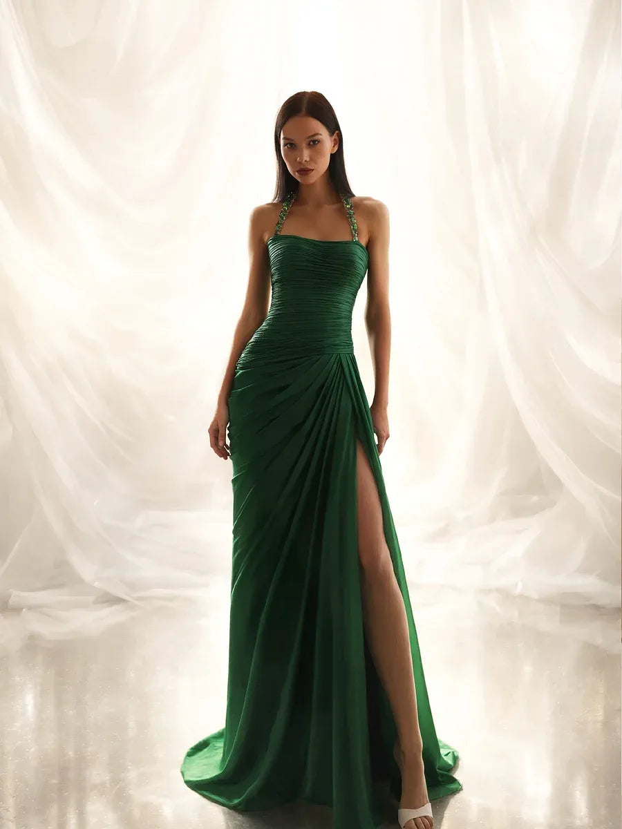 Halter Neck Ruched High Slit Maxi Dress with Oversized Bow Train