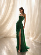 Halter Neck Ruched High Slit Maxi Dress with Oversized Bow Train