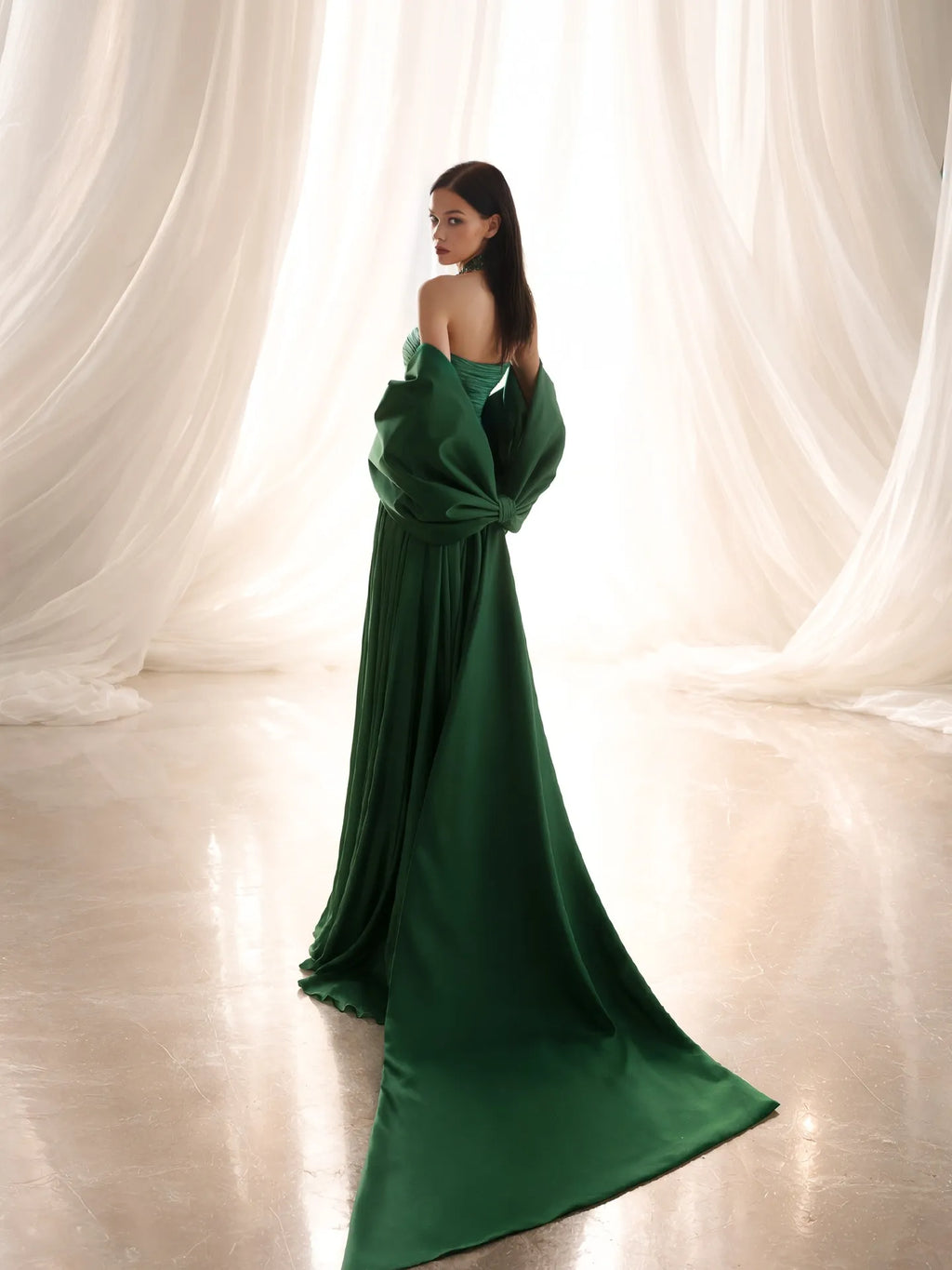 Halter Neck Ruched High Slit Maxi Dress with Oversized Bow Train