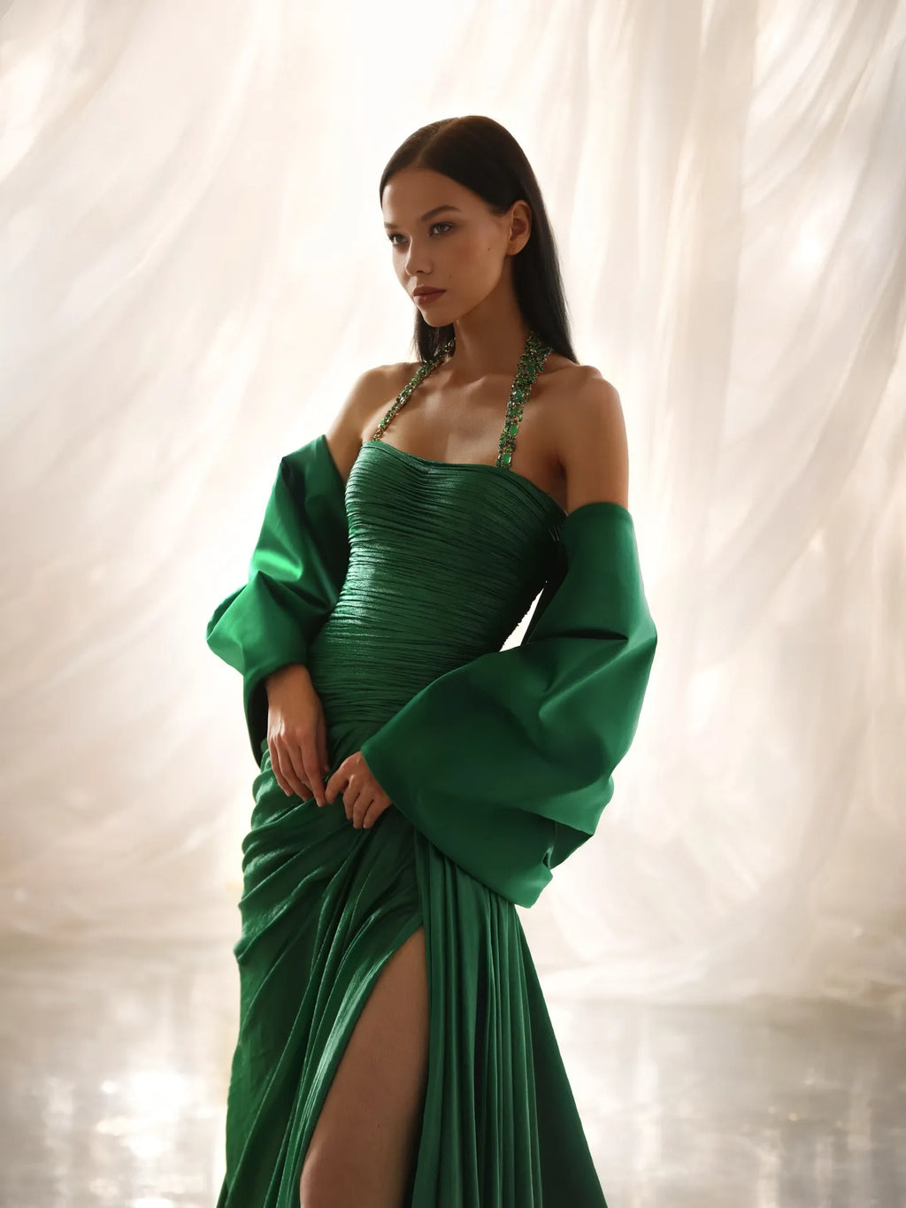 Halter Neck Ruched High Slit Maxi Dress with Oversized Bow Train