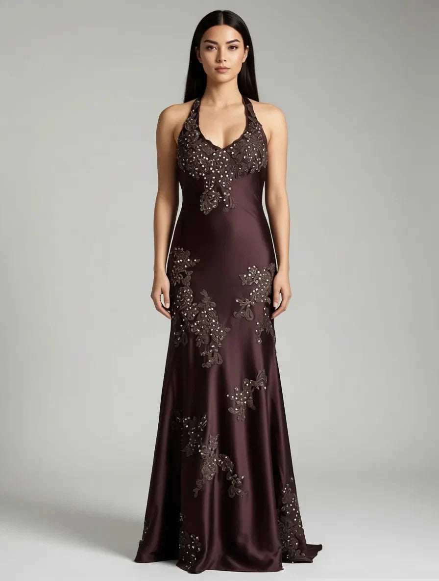 Halter Neck Mermaid Maxi Dress with Applique