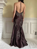 Halter Neck Mermaid Maxi Dress with Applique