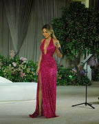 Halter Neck Sleeveless Ruched Slit Maxi Evening Dress