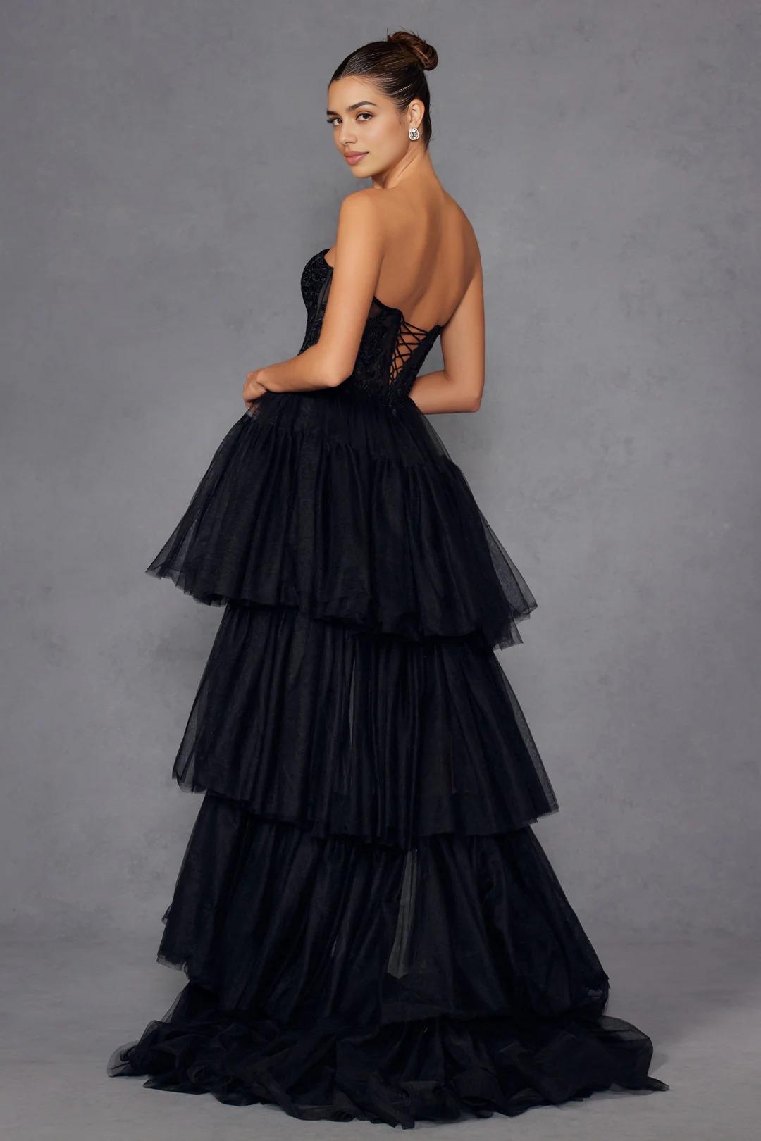 Glamorous High Low Ball Gown Sweetheart Neck Strapless Lace Up Back Tiered Tulle Evening Dress
