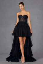 Glamorous High Low Ball Gown Sweetheart Neck Strapless Lace Up Back Tiered Tulle Evening Dress