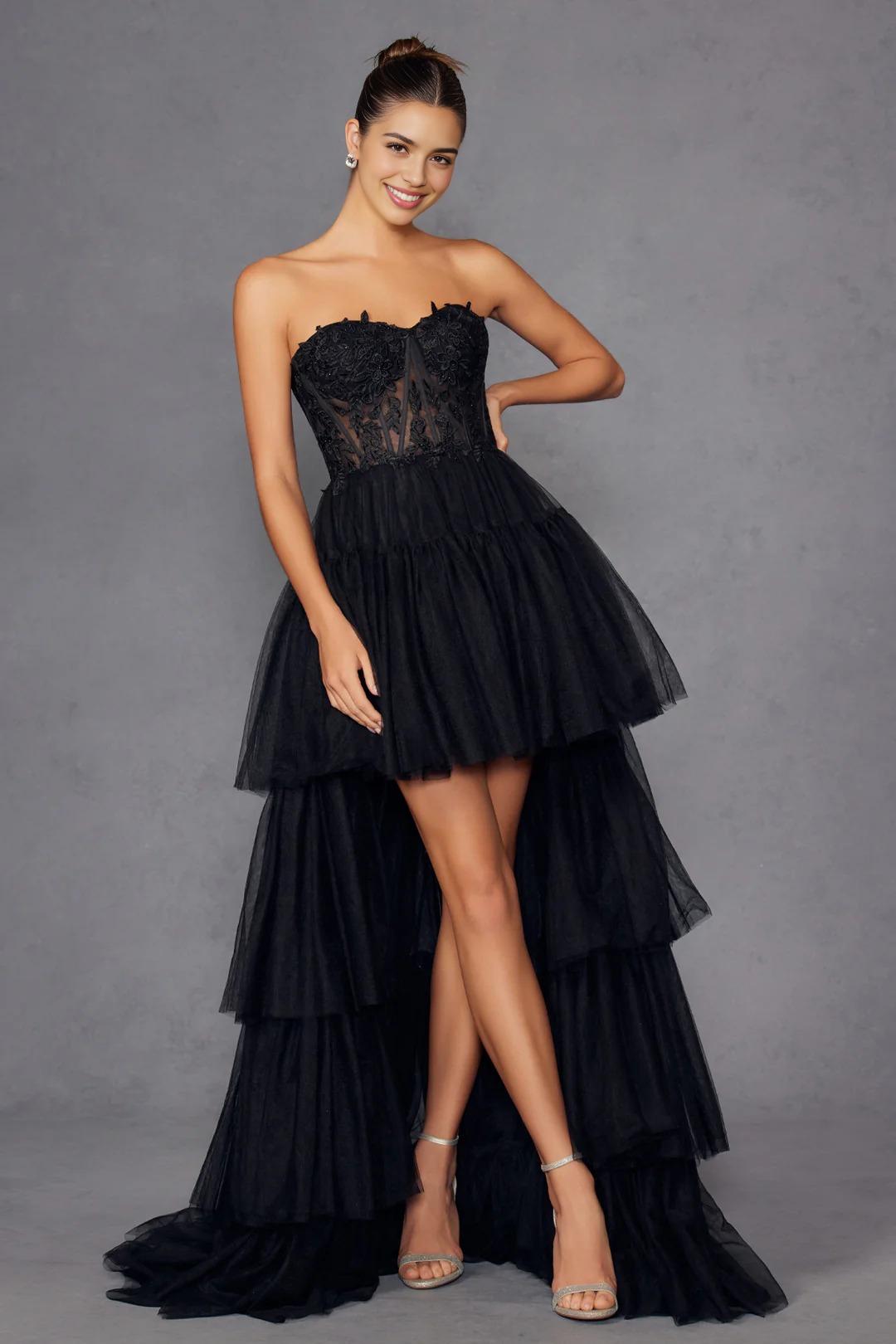 Glamorous High Low Ball Gown Sweetheart Neck Strapless Lace Up Back Tiered Tulle Evening Dress