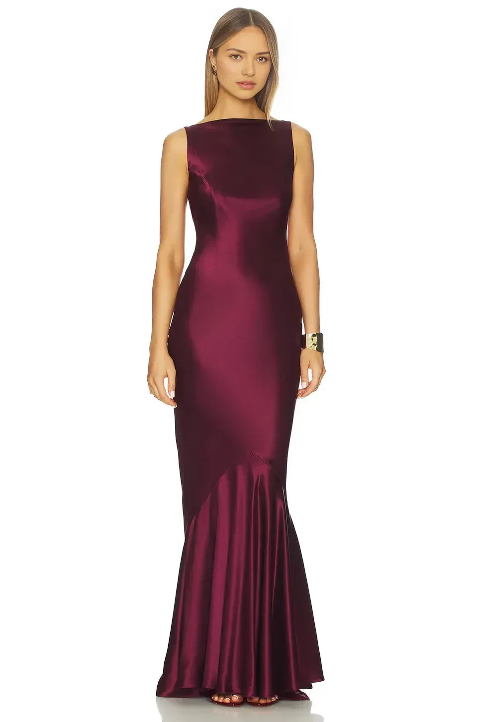 Glamorous Mermaid Boat Neck Sleeveless Ruffle Back Floor Length Evening Dress