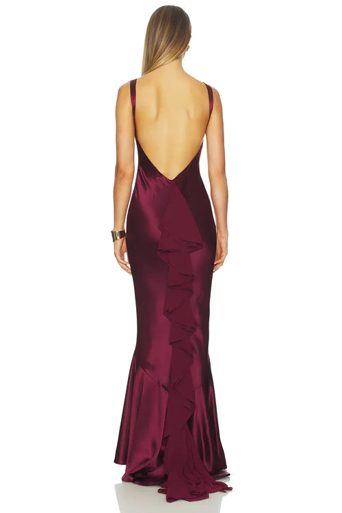 Robe de Soirée Sirène Longue Col Bateau Sans Manches Volants au Dos Glamour