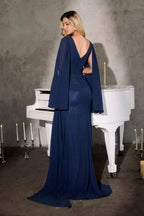 Glamorous Mermaid Deep V Cape Sleeve Ruched Back Train Length Prom Dress