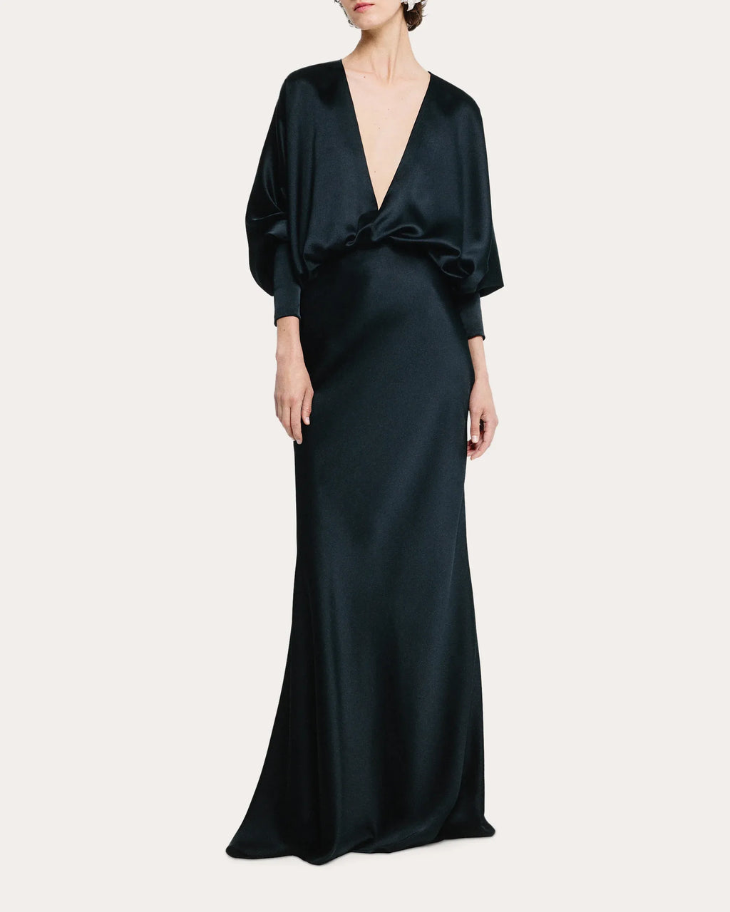 Glamorous Mermaid Deep V Neck Puff Sleeve Ruched Back Floor Length Female Prom Dress