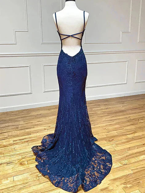 Glamorous Mermaid Deep V Neck Spaghetti Strap Cross Back Lace Train Floor Length Prom Dress