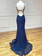 Glamorous Mermaid Deep V Neck Spaghetti Strap Cross Back Lace Train Floor Length Prom Dress
