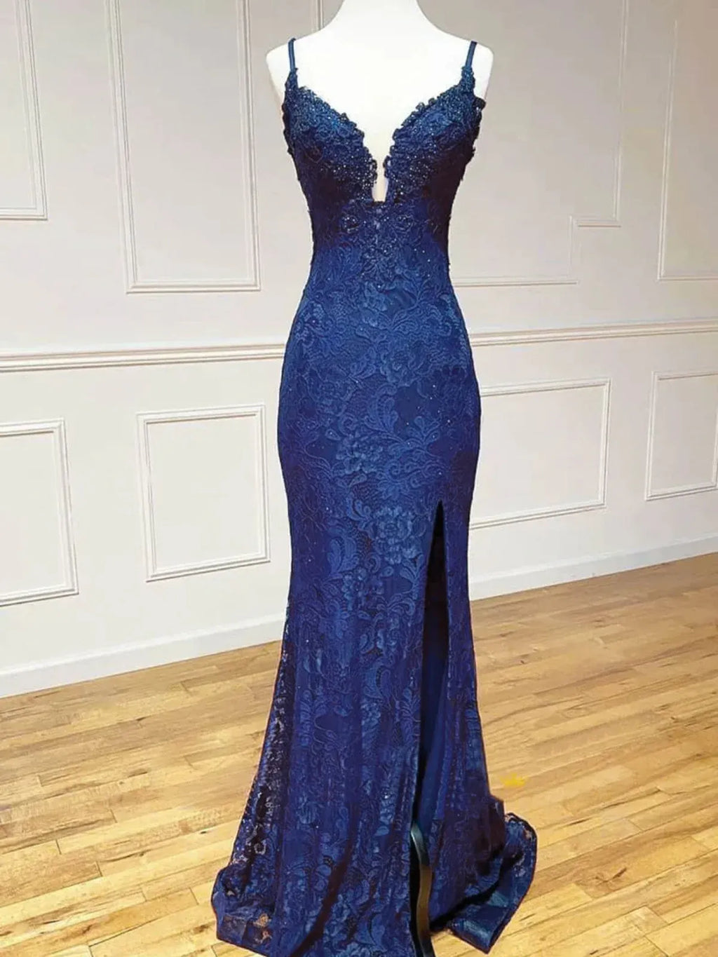 Glamorous Mermaid Deep V Neck Spaghetti Strap Cross Back Lace Train Floor Length Prom Dress