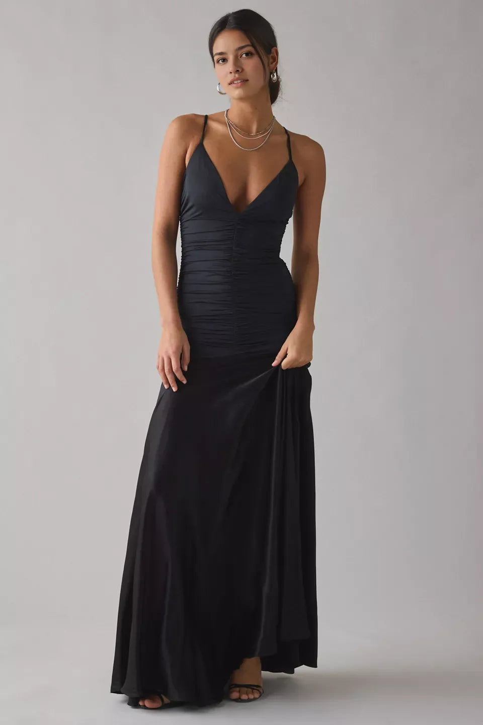 Glamorous Mermaid Deep V Neck Spaghetti Strap Ruched Back Floor Length Hot Sale Prom Dress